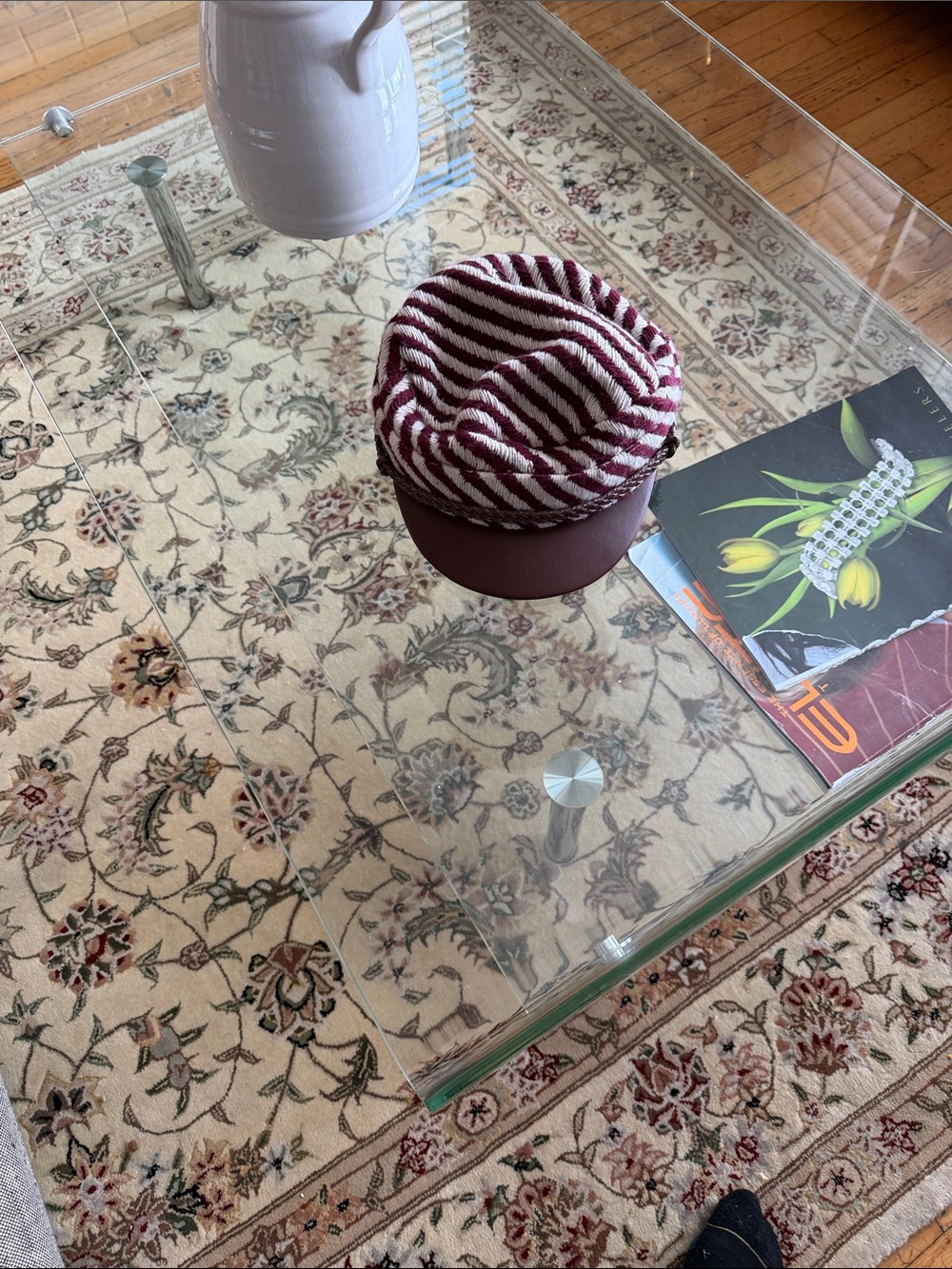Brixton Burgundy & White Striped Cap with Leather Visor